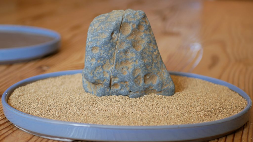 水盤購入がうれしくて、つぎつぎと水盤に石をのせる