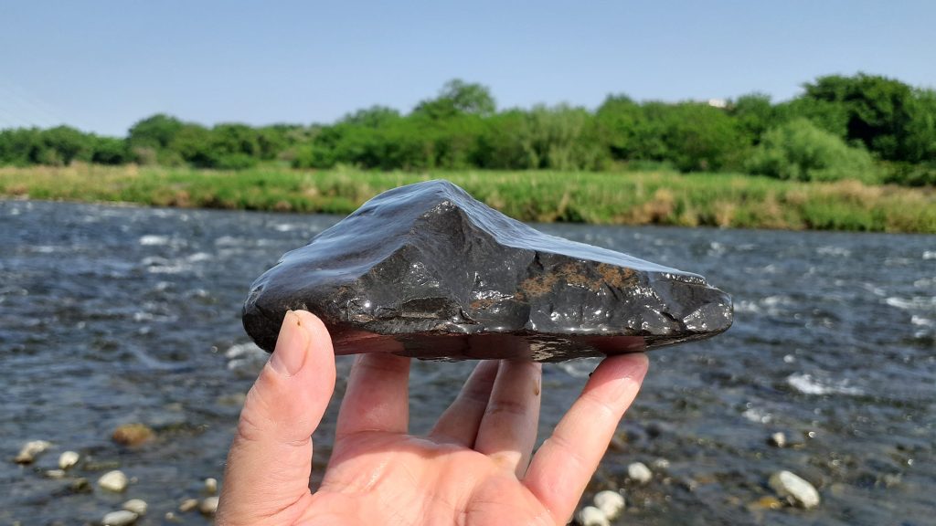 探石で石を拾う