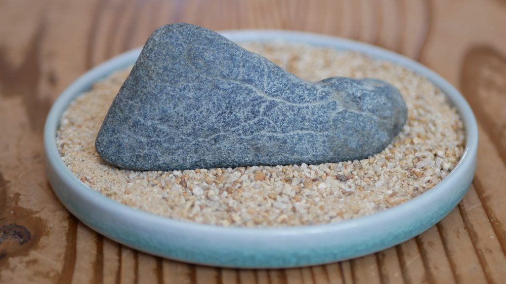 水石蒼黒の多摩川石を甲賀砂で飾る:裏側