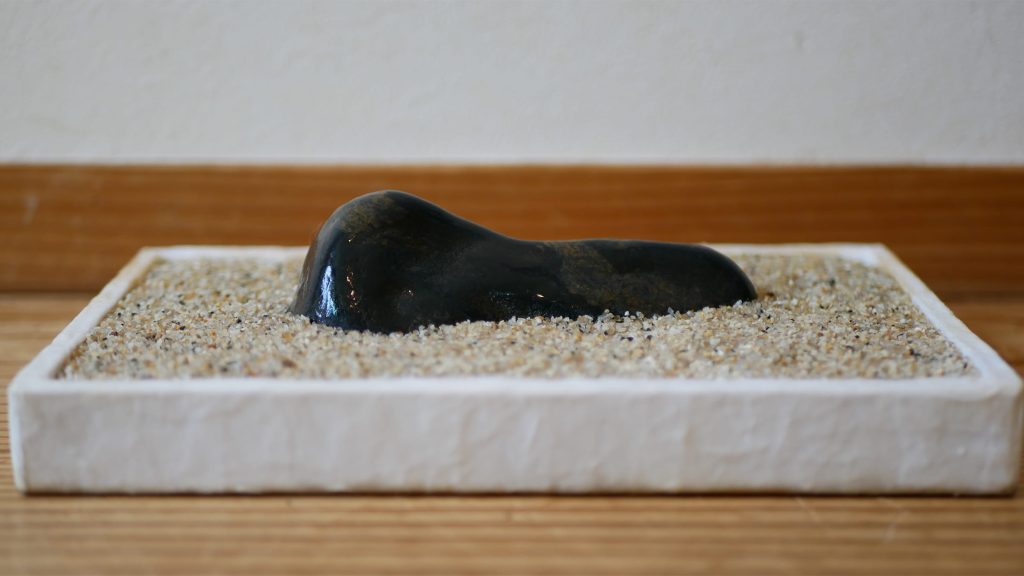 水を打った斑入り多摩川石